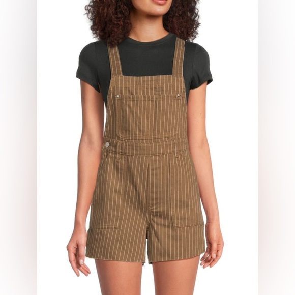 NWT WEWOREWHAT Slit Overall Short Pinstrip Brown Multi Size Medium - Picture 1 of 11